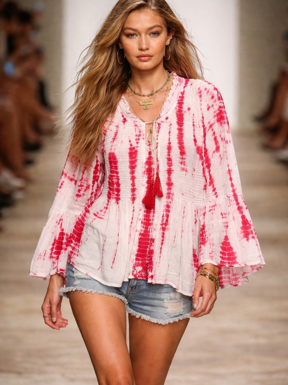 Charlie Paige Pink & White Tie-Dye Smocked Peasant Top